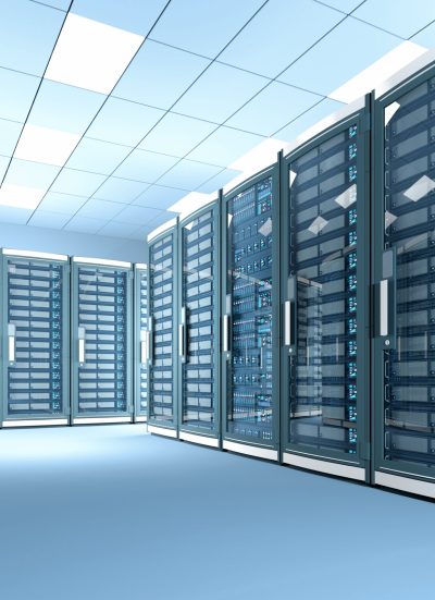State-of-the-art data center server room illuminated by bright light with rows of black cabinets. High key scene with white illumination. Aisle surrounded by black cabinets with glass doors protecting servers with displays full of data, numbers, and blue blinking lights and leds. Simulation of a modern and futuristic cloud computing and data storage facility with telecommunications equipment. Digitally generated image.